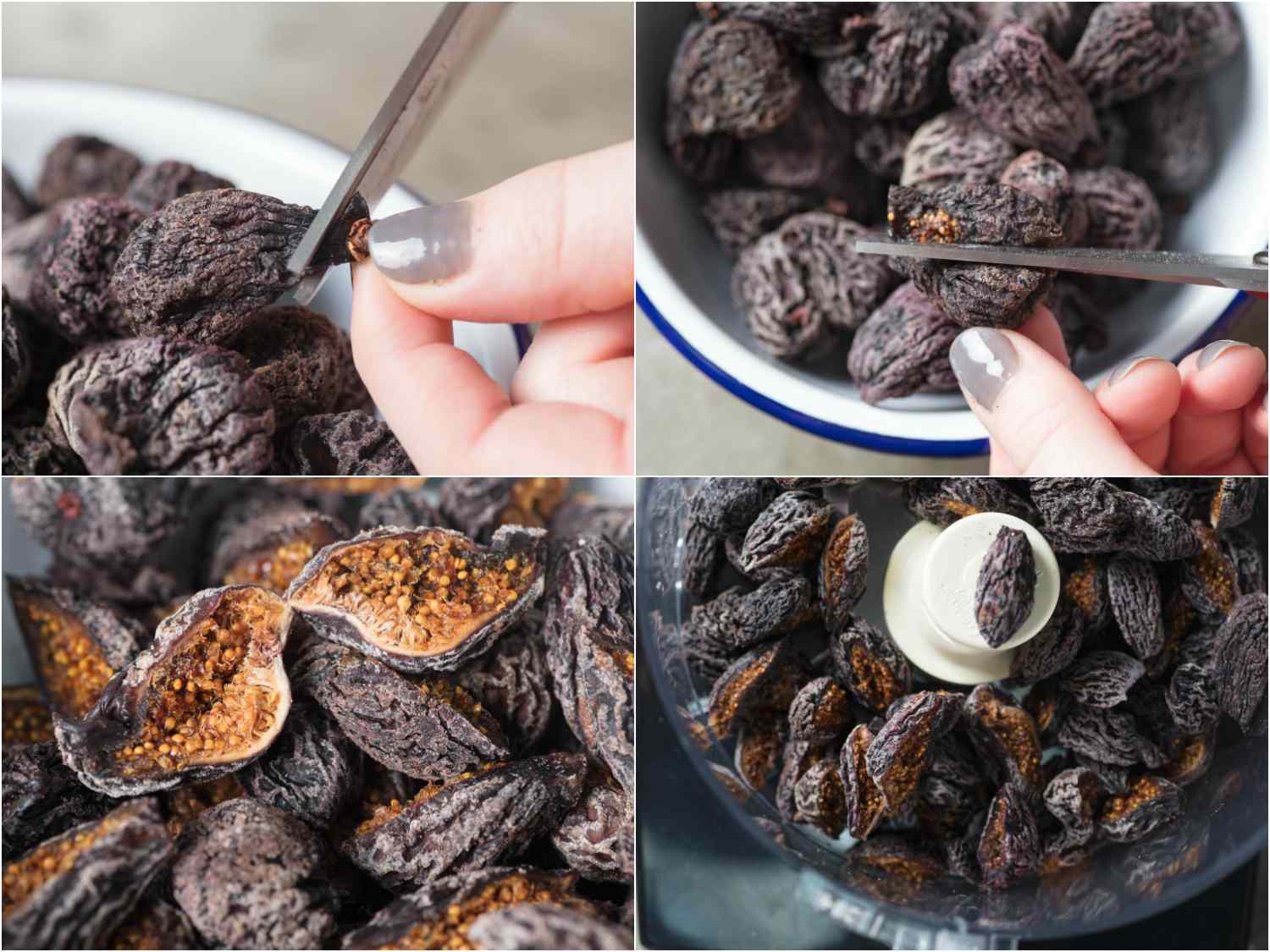 A 4-image collage showing the prepping of dried figs for fig newton filling: snipping off the stem, cutting the figs in half and blending them in a food processor. 