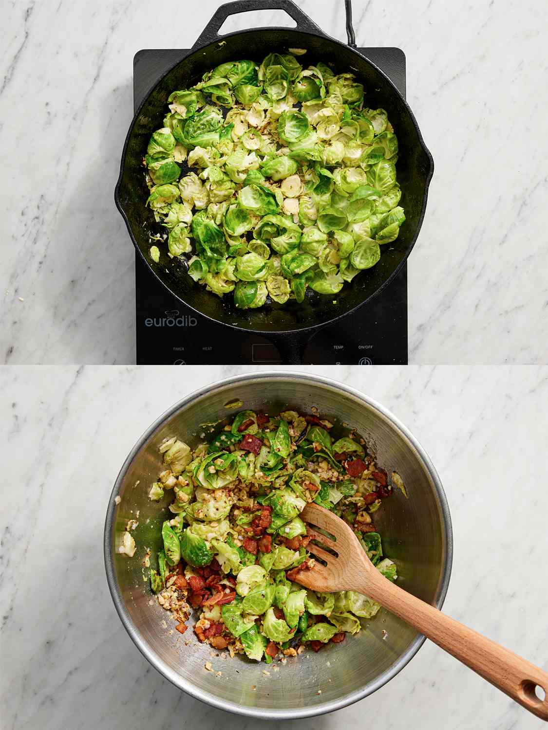 Two Image Collage of brussels sprout warming in a cast iron pan and then the fully mixed salad in a metal bowl.