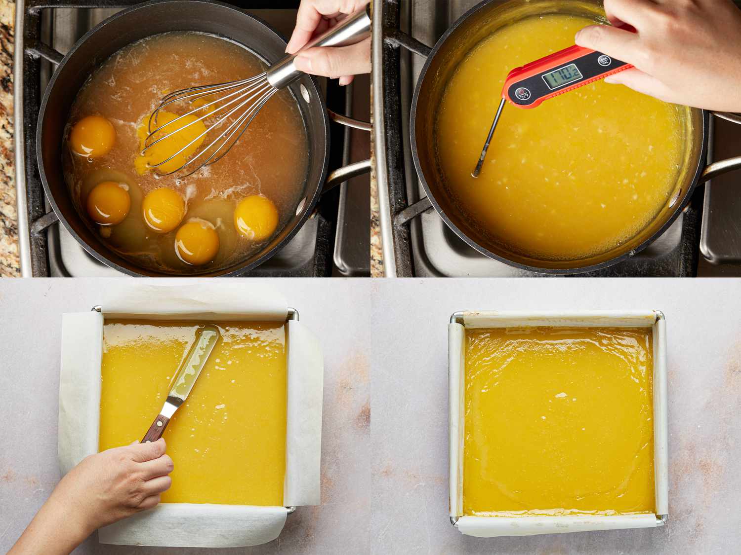 4 image collage. Top Left: whisking together sugar, salt, whole eggs, and yolks, lemon juice and amaretto until smooth in a medium saucepan . Top Right: mixture after thickened and thermometer reading 170. Bottom Left: Spreading lemon curd onto the baked crust in square pan with an offset spatula. Bottom Right: Baked bars cooling in tin.