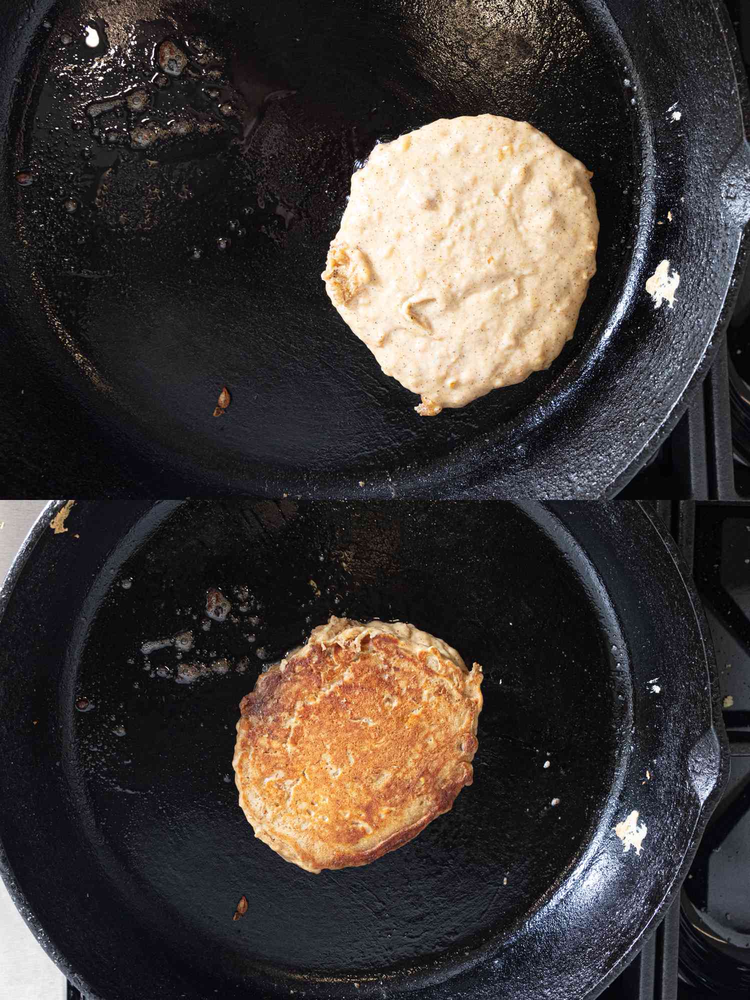 2 image collage. Top: dollop of pancake batter on skillet. Bottom: pancake after partially cooked and flipped in skillet