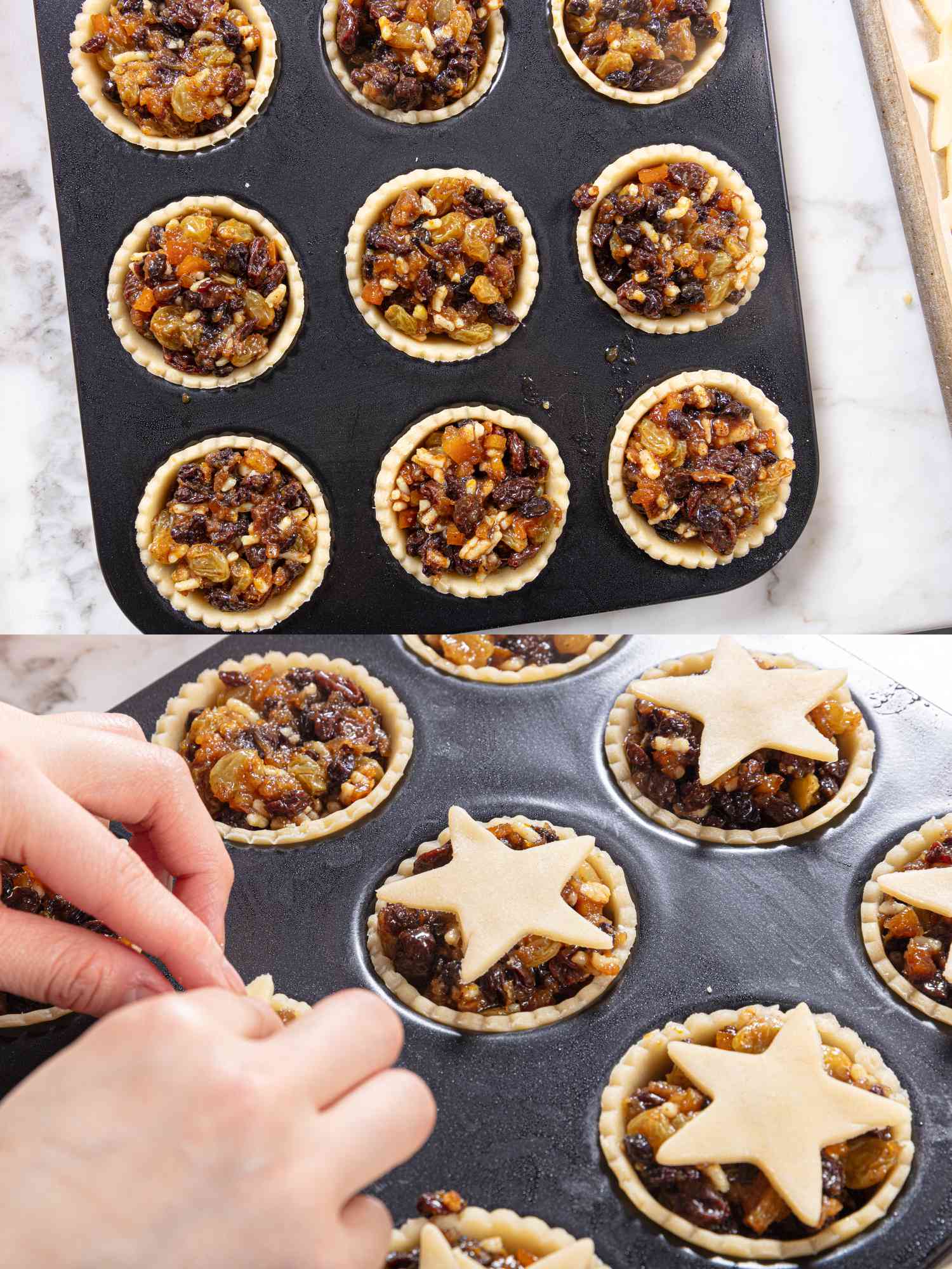 2 image collage. Top: Mincemeat filled into each pastry shell. Bottom: Pressing star shapes into each filled mincemeat pie in tin