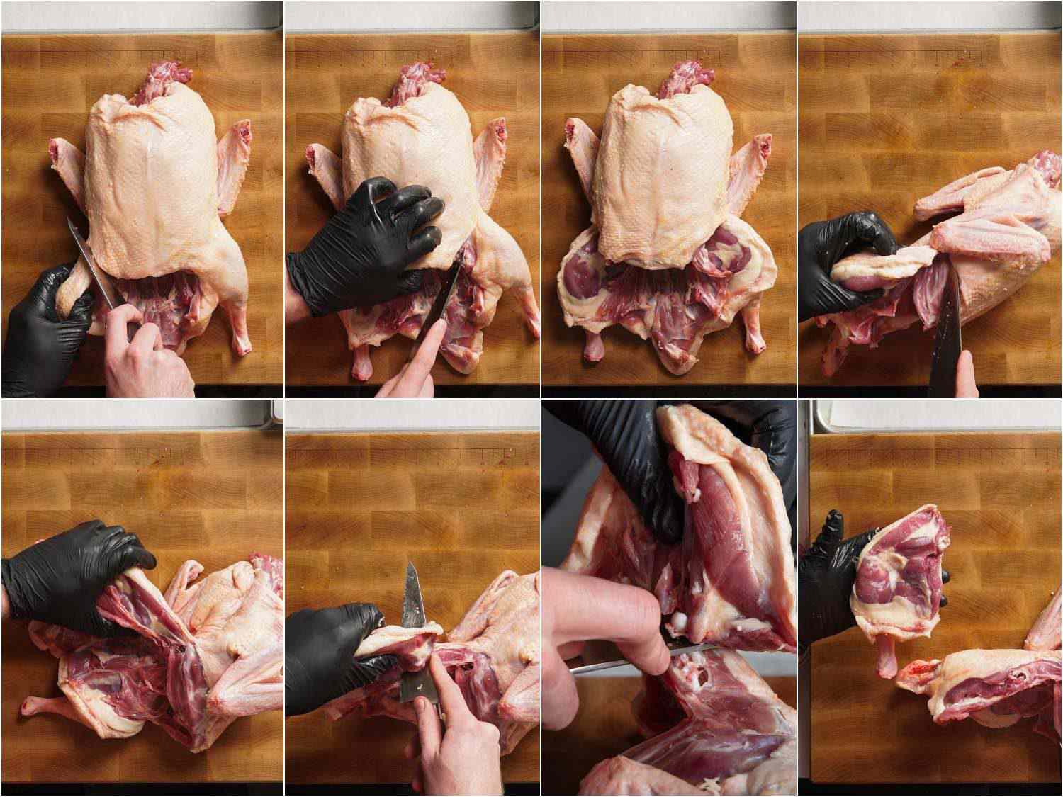 Photo collage showing process of cleanly butchering legs off of a duck.