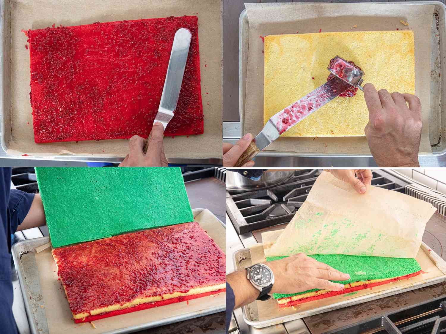 Four image collage of building cookies