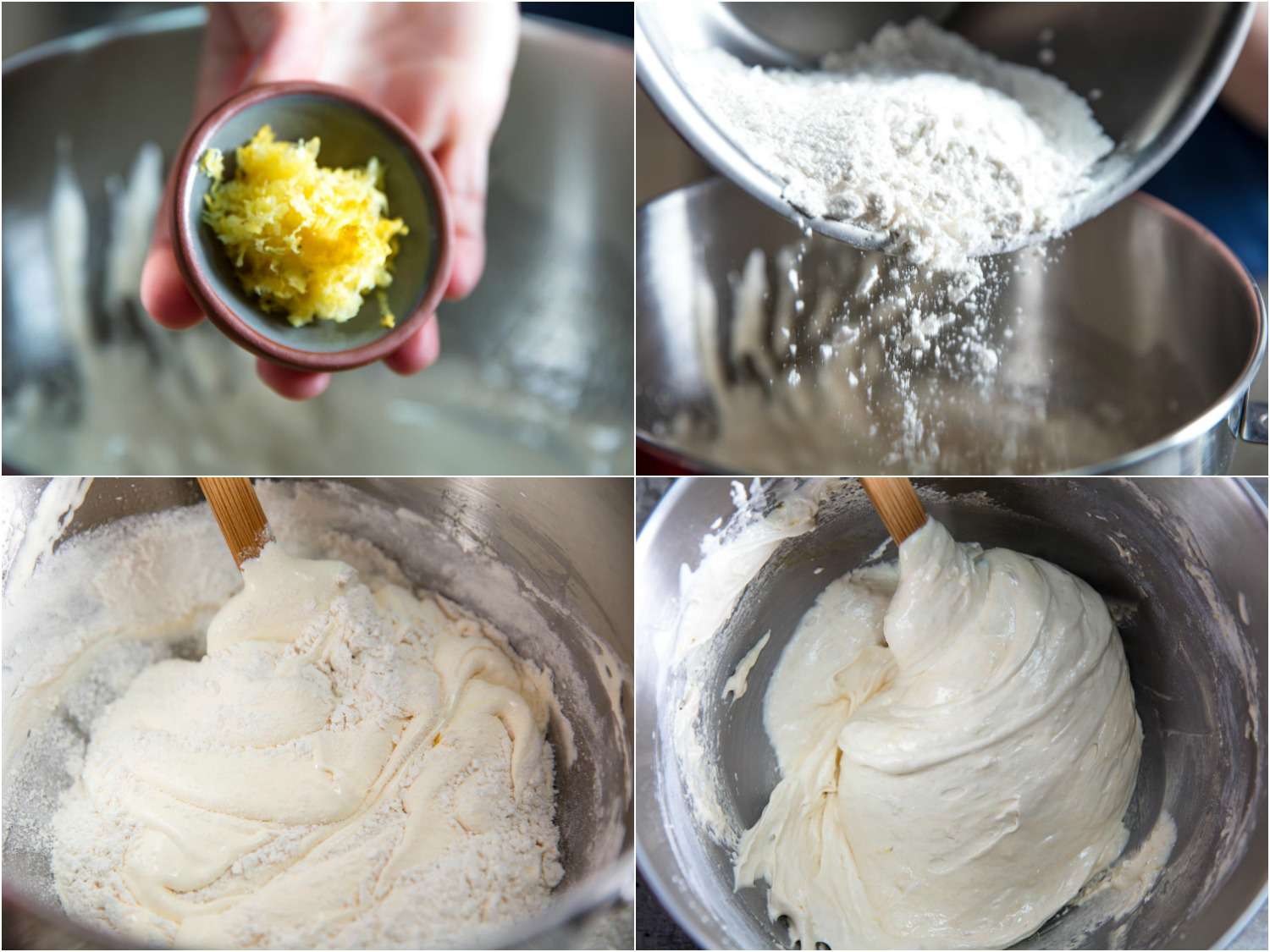 A 4-image collage showing whipping ladyfinger batter: adding lemon zest and flour to the mixing bowl containing whipped egg before combining with a spatula.