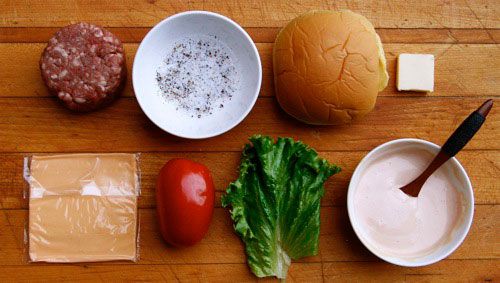 Overhead view of ingredients needed to assemble a fake shack burger.