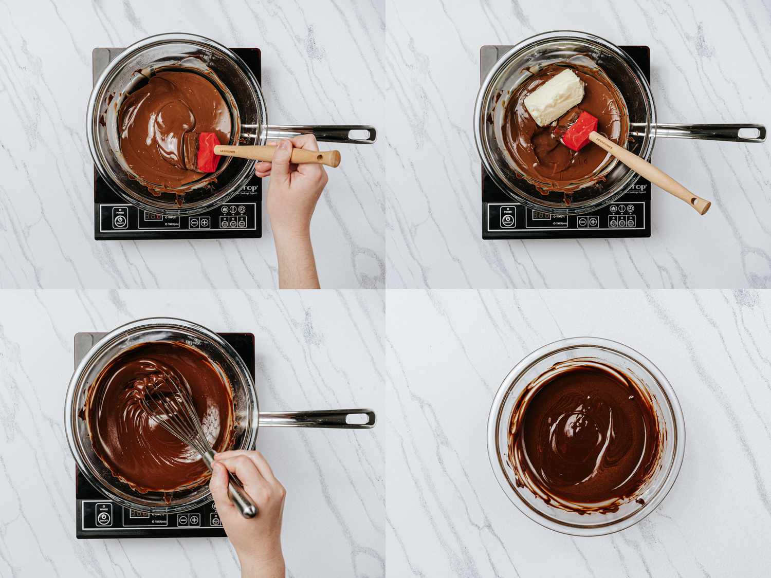 4 image collage. Top Left: milk and dark chocolates melting over a saucepan with water, stirring with a spatula. Top right: Butter and syrup added to bowl. Bottom Left: Whisking ingredients together until smooth in bowl on saucepan Bottom right: Cooled mixture after thickened in glass bowl