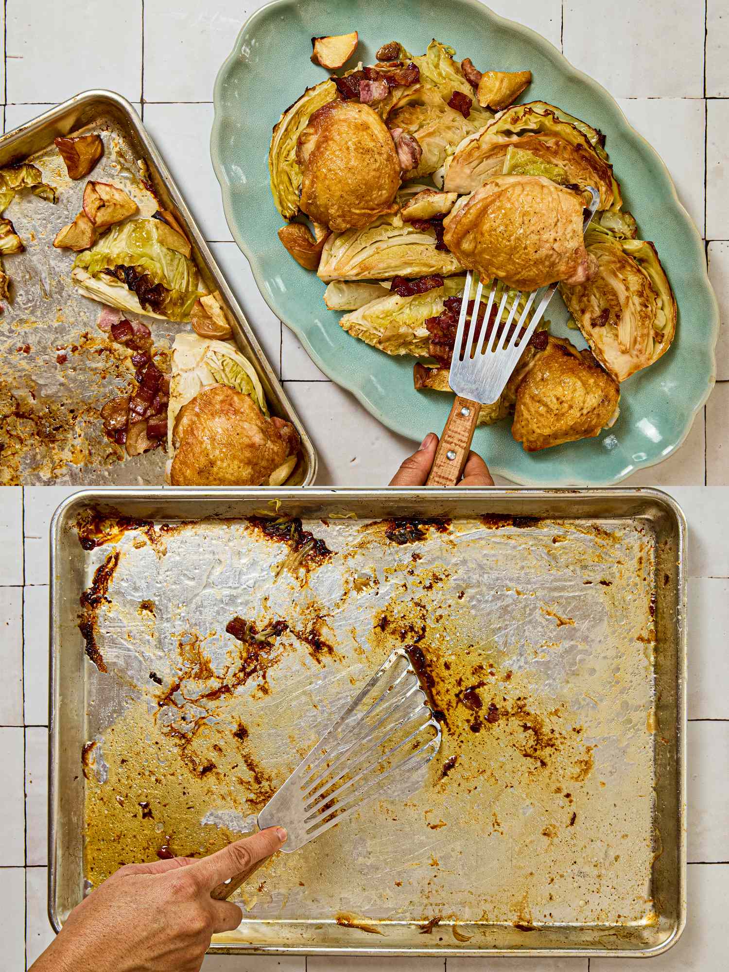 Dish with chicken thighs being transferred from a baking sheet to a plate
