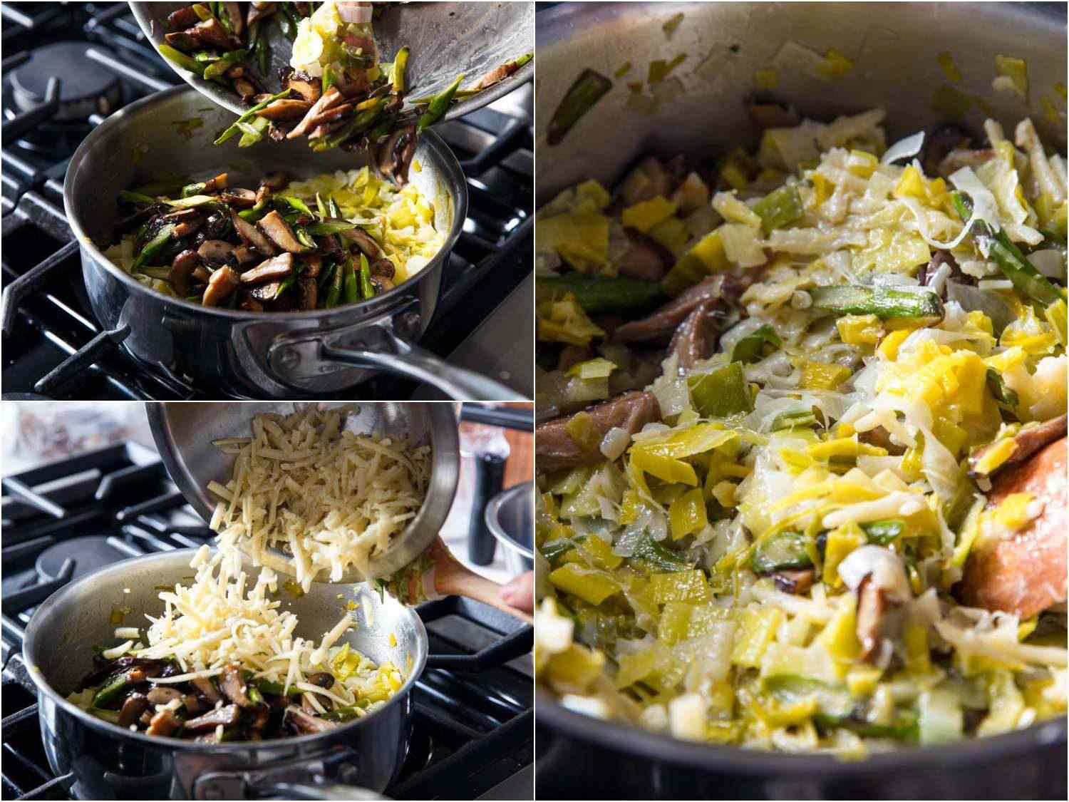 Collage of sautéing leeks and mushrooms for a savory galette filling, and then adding asparagus and cheese.