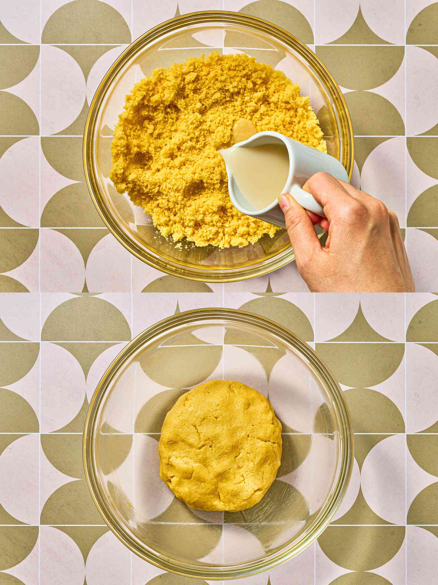 Two image collage of adding milk and dough formed