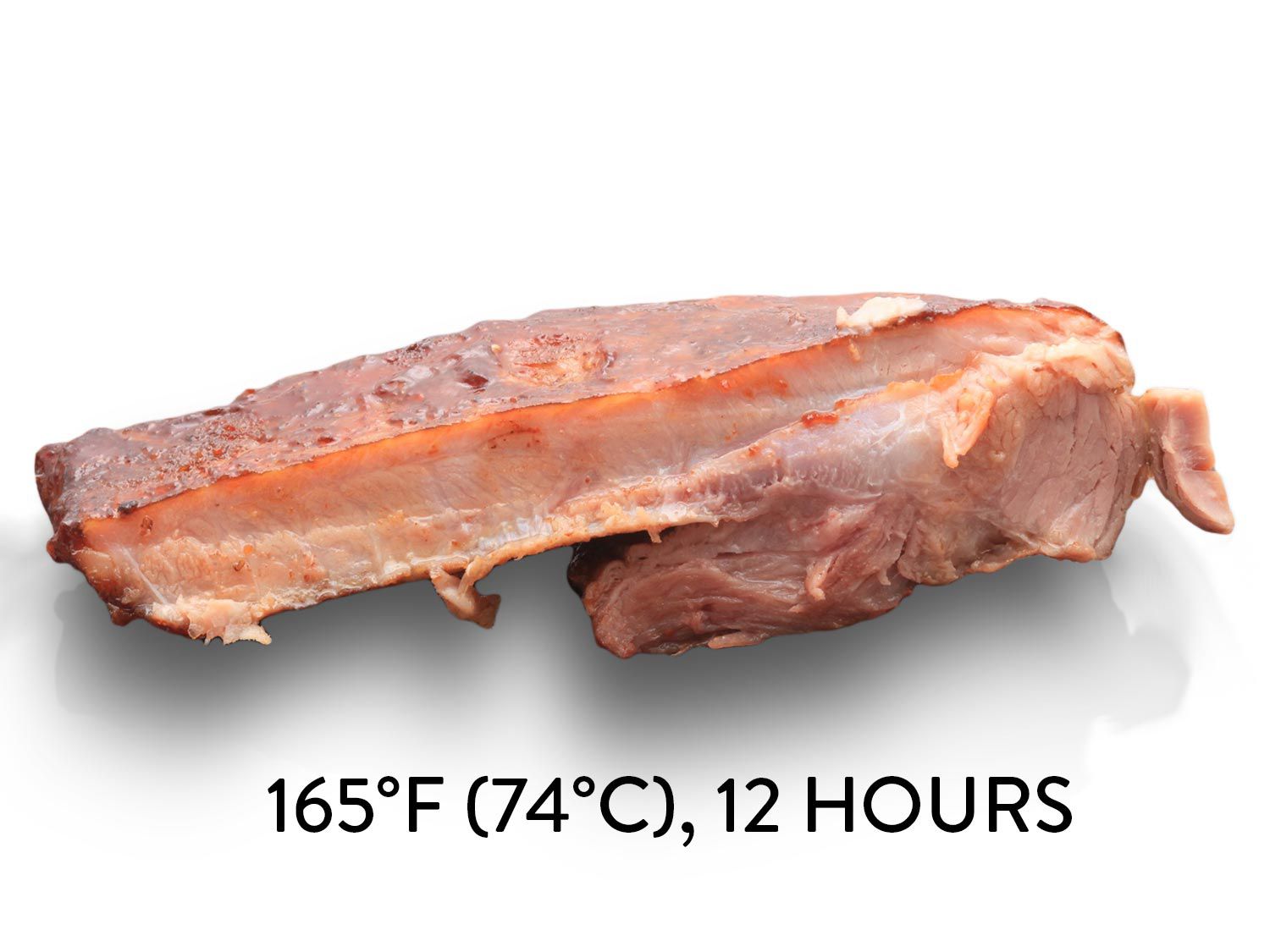 A pork rib cooked with a sous vide at 165 degrees Fahrenheit (74 degrees C) for 12 hours. 