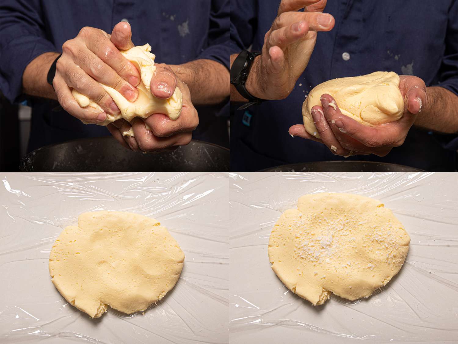 Four image collage of working butter and flattening it 