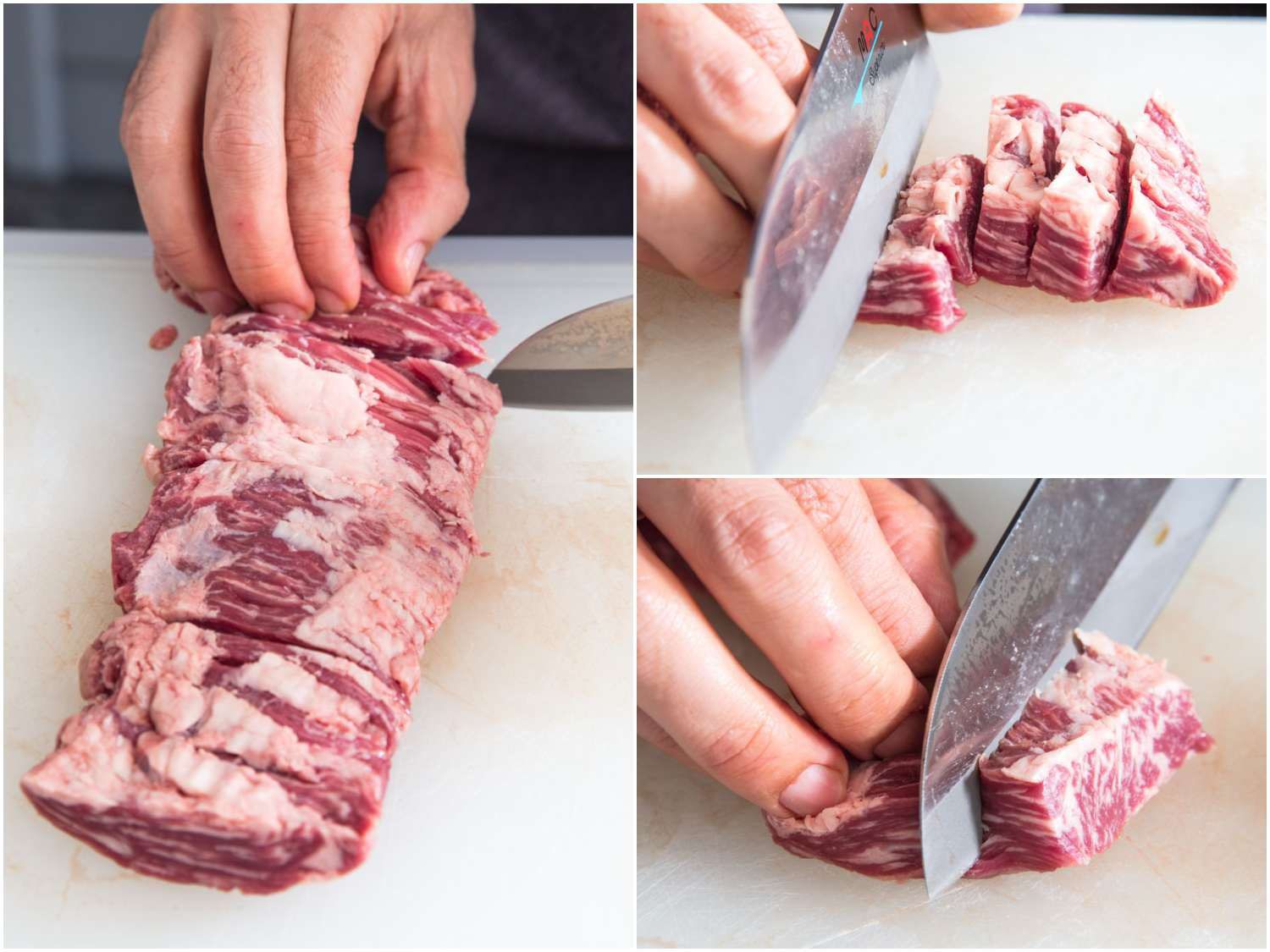 Composite of slicing skirt steak.
