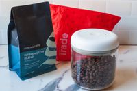 Trade Coffee Subscription on a marble countertop 