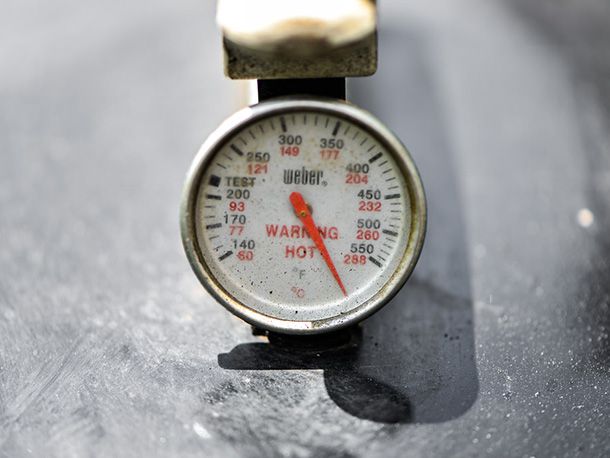 Close-up on the built-in thermometer of a kettle grill. The reading is off the scale (very hot).