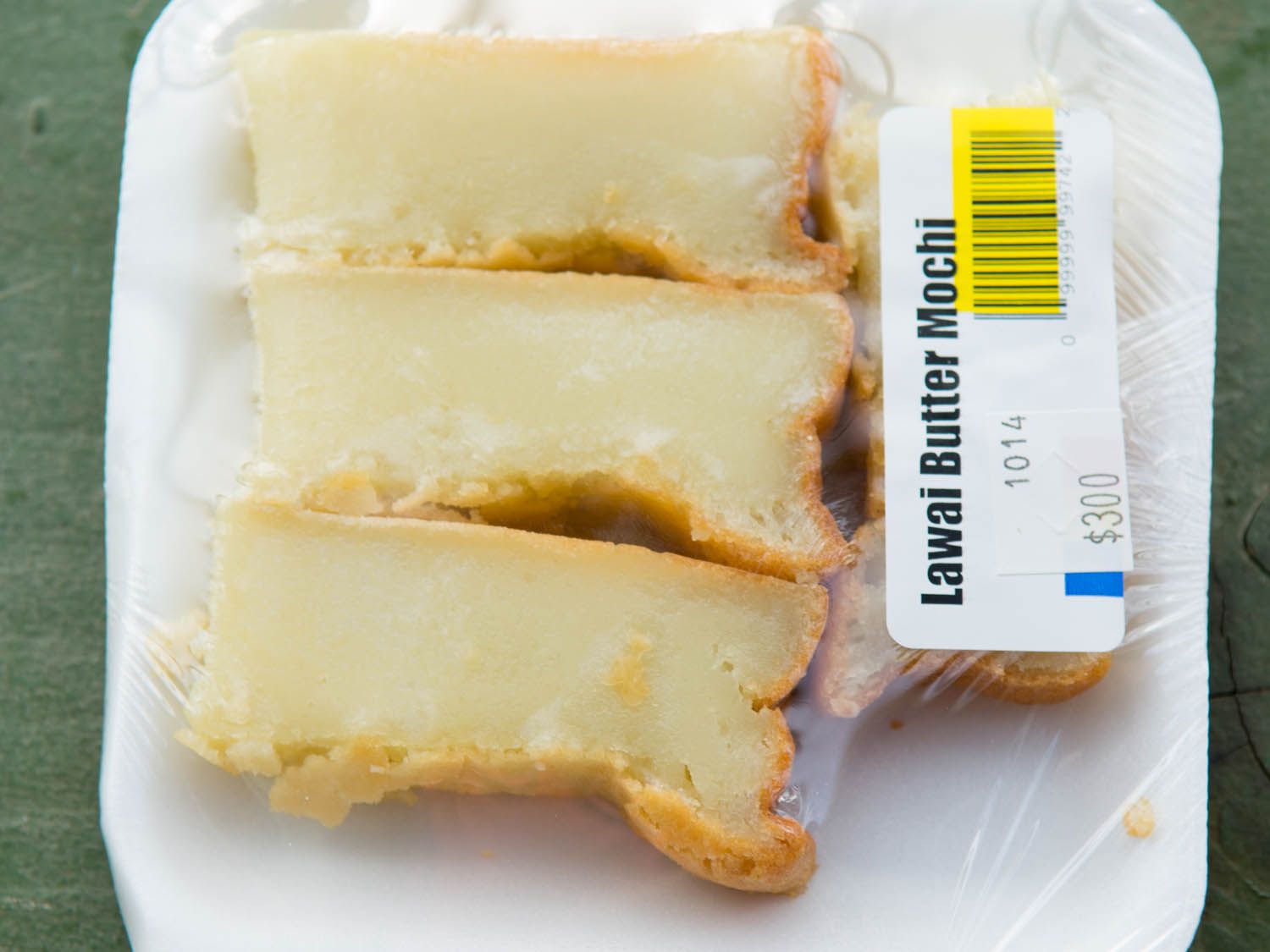 A package of sliced butter mochi.