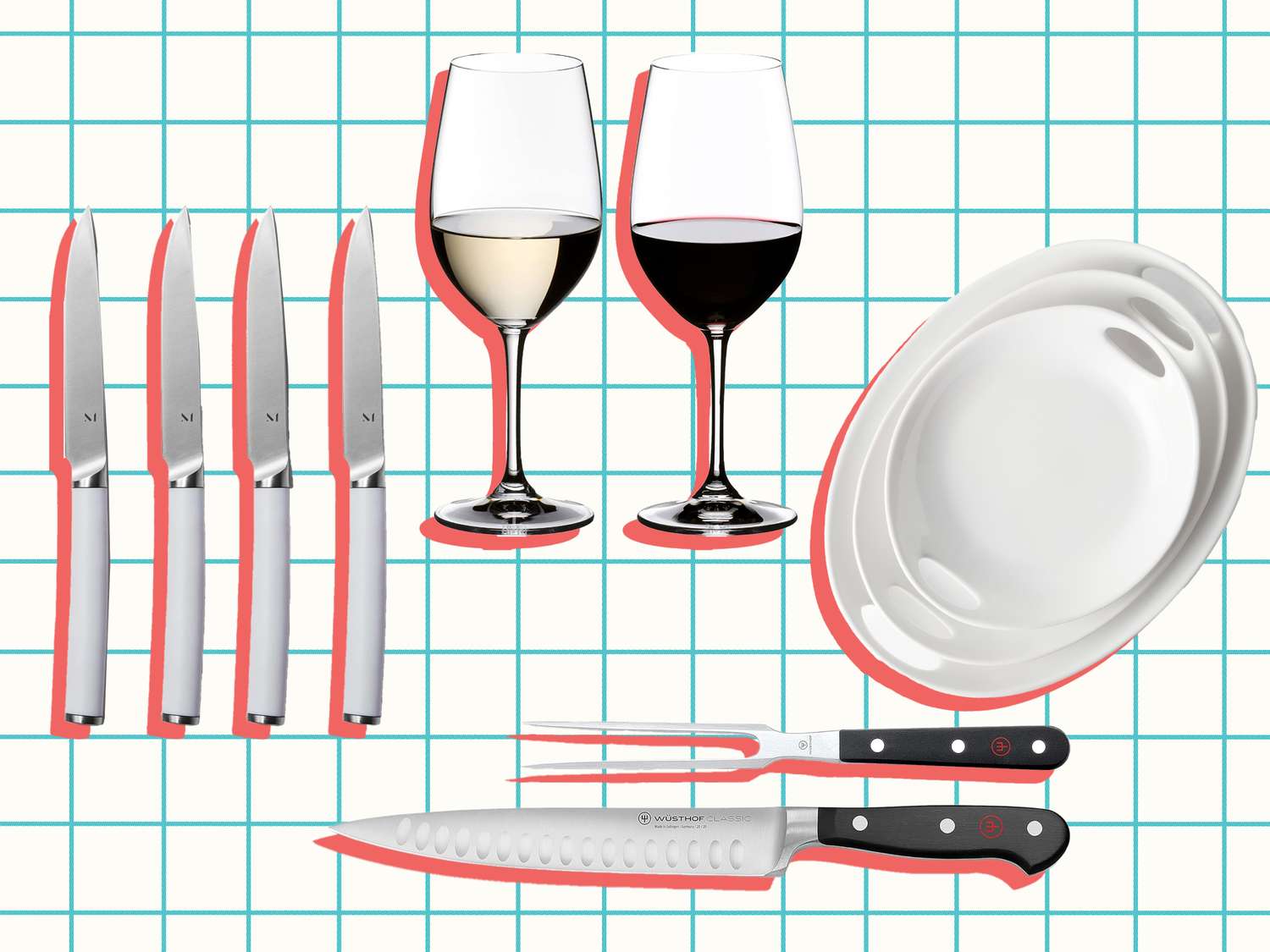 Dining set with knives wine glasses and plates arranged against a grid background