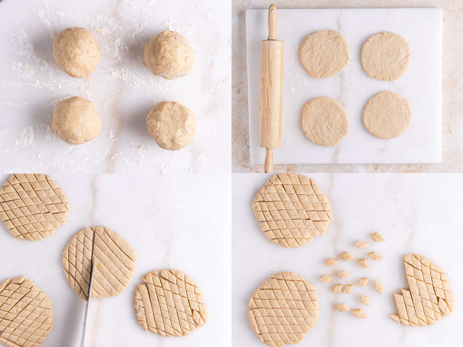 Four image collage showing the steps of separating the dough into 4 balls, rolling them out flat, and carefully cutting them all into small diamond shapes