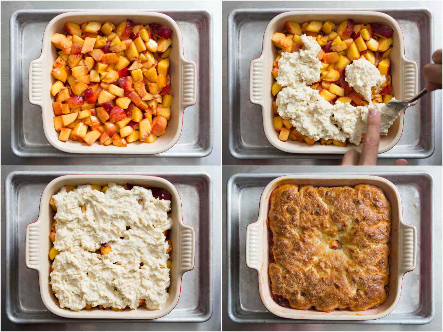 A collage of photos showing diced peaches in a baking dish, then biscuit topping added, then the biscuit topping spread out, and lastly, the final cooked cobbler with a golden-brown crust.