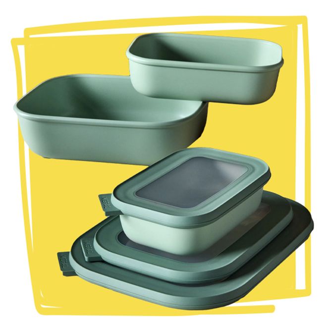 Microwavable and stackable food storage containers with lids displayed against a yellow background