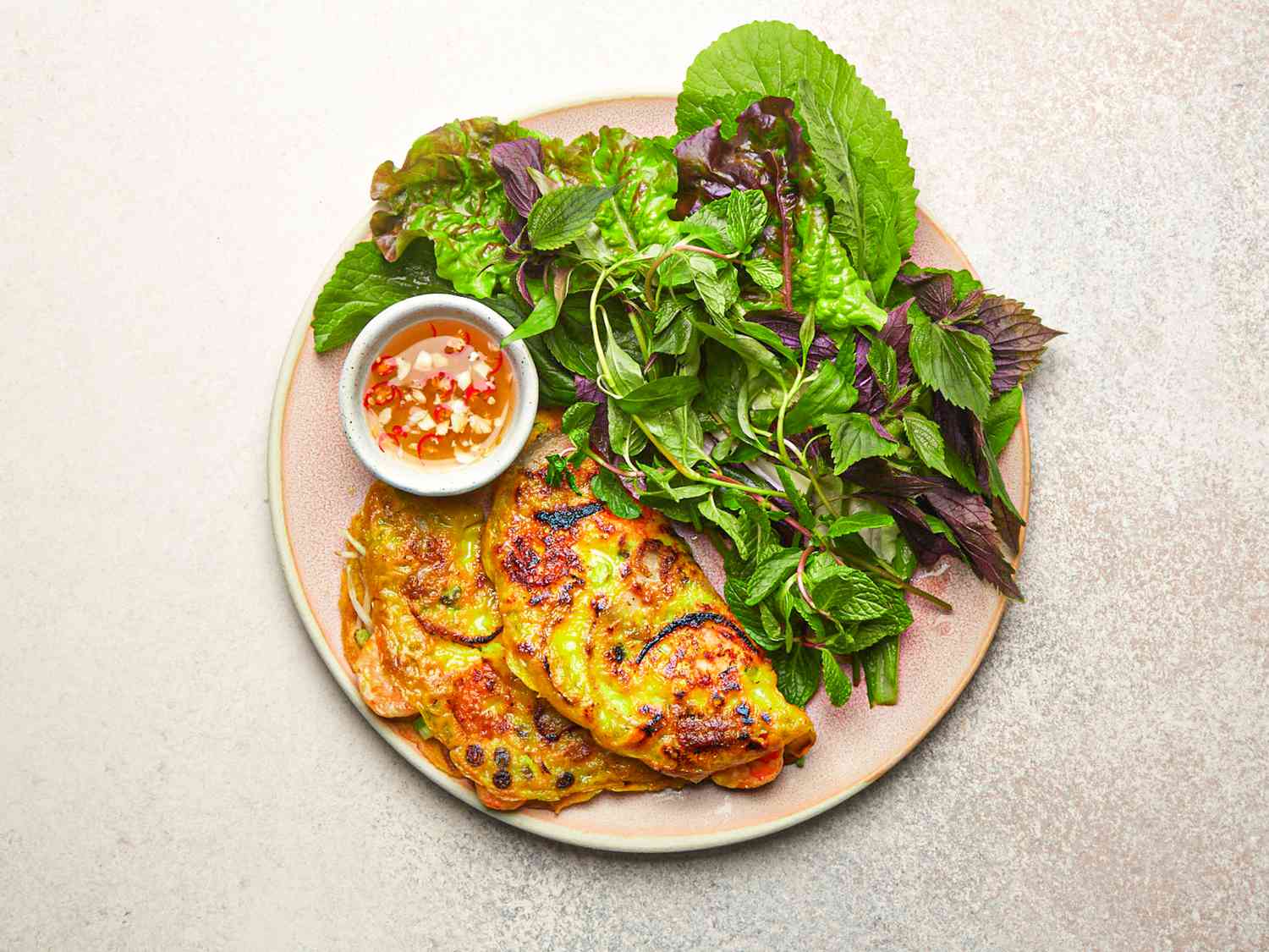 Overhead view of finished banh xeo