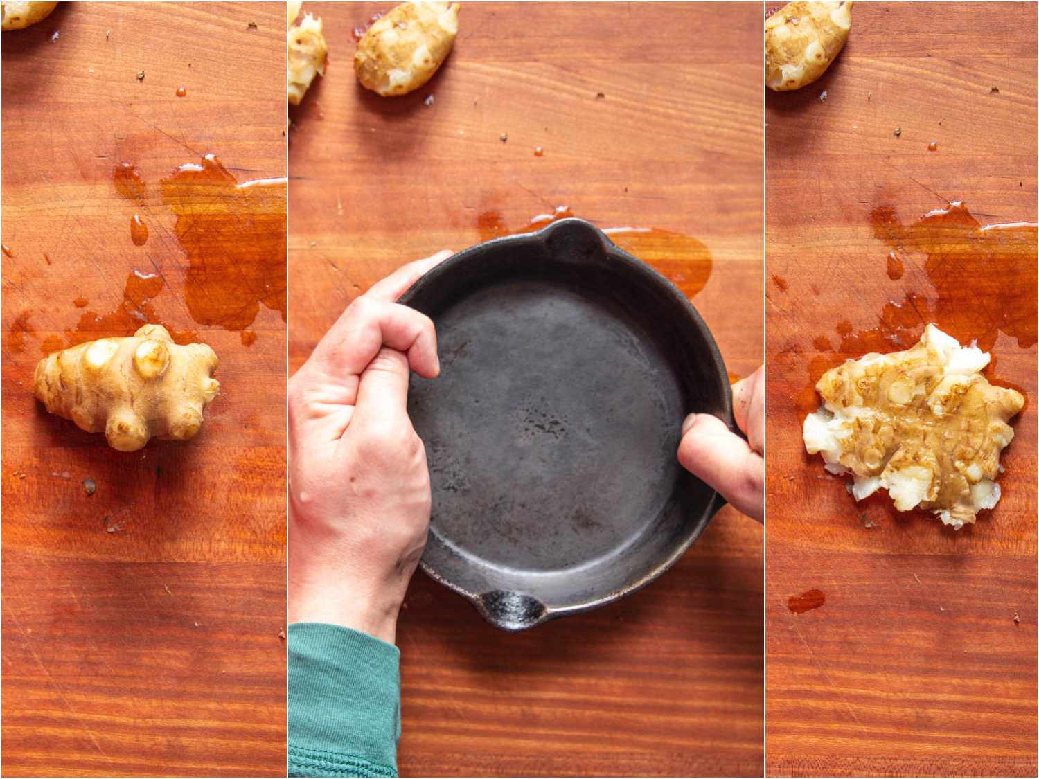 A three-image collage. The left shows a sunchoke on a wooden surface. The middle shows the sunchoke being smashed by a pan. The right image shows a smashed sunchoke. 
