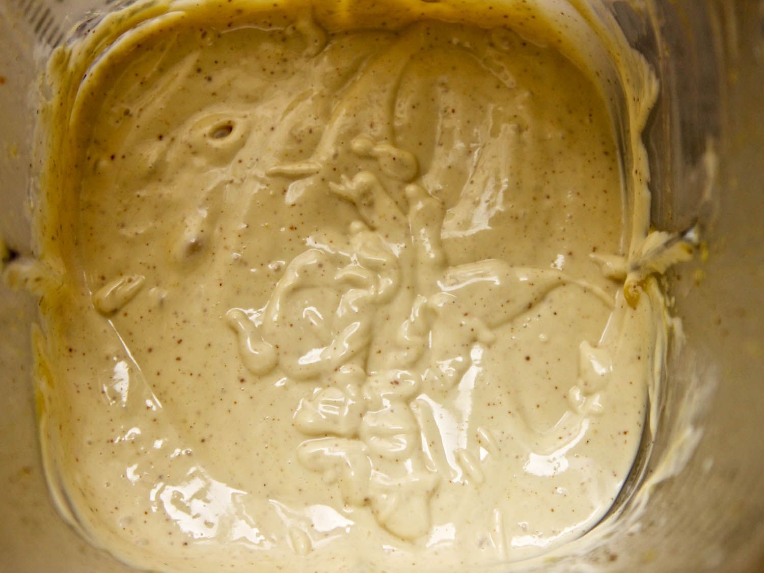 Closeup of the finished mayonnaise in a blender.