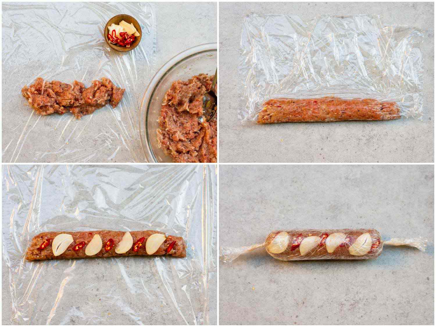 A four-image collage: ground pork mixture on a plastic wrap, next to a bowl of ground pork and smaller bowl of garlic and chiles, the pork mixture rolled into a cylinder, garlic and chiles are added on top of the mixture, and rolling the plastic wrap around the pork mixture. 