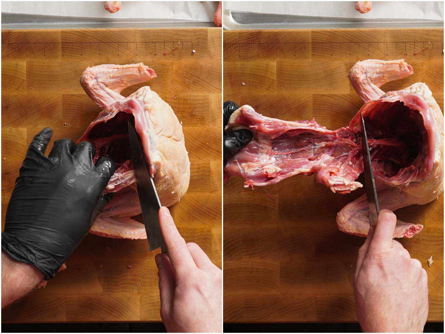 Process shots of splitting and removing the back on a whole duck after already having removed the legs.