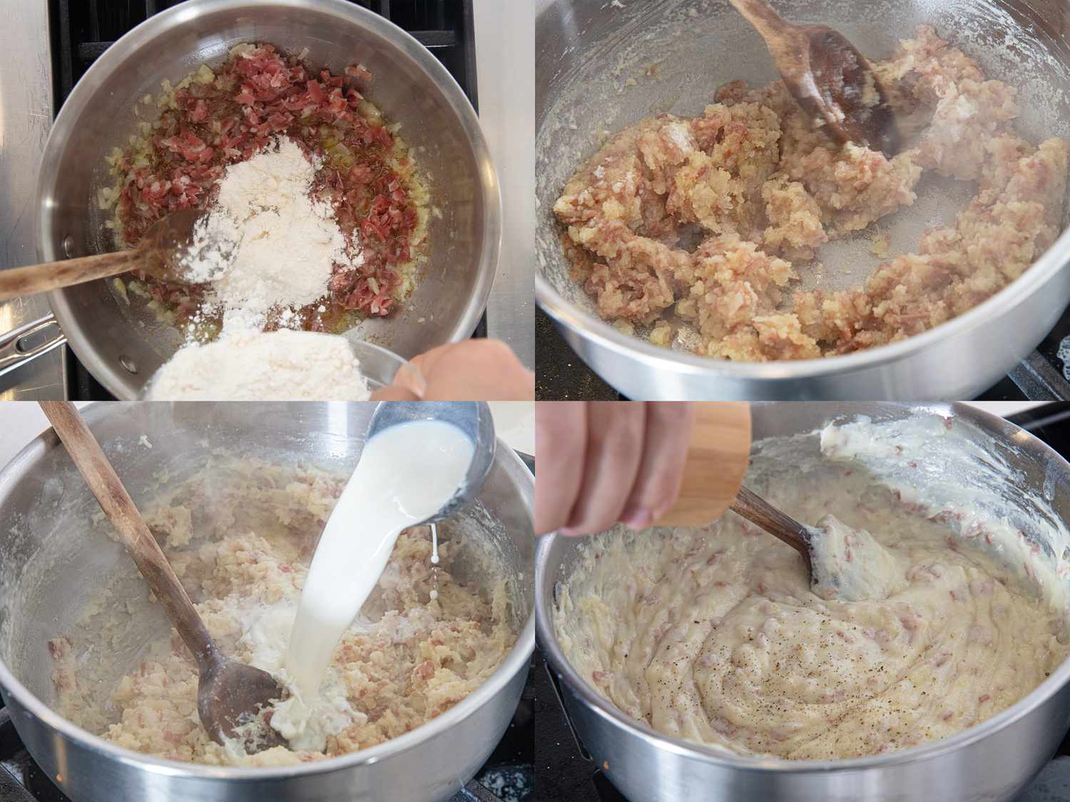 Four image collage of creating the bechamel