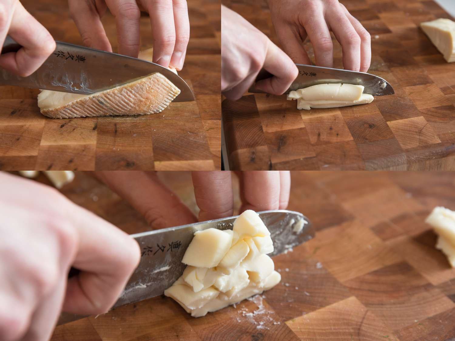 Cutting Taleggio into pieces for the cheese sauce.