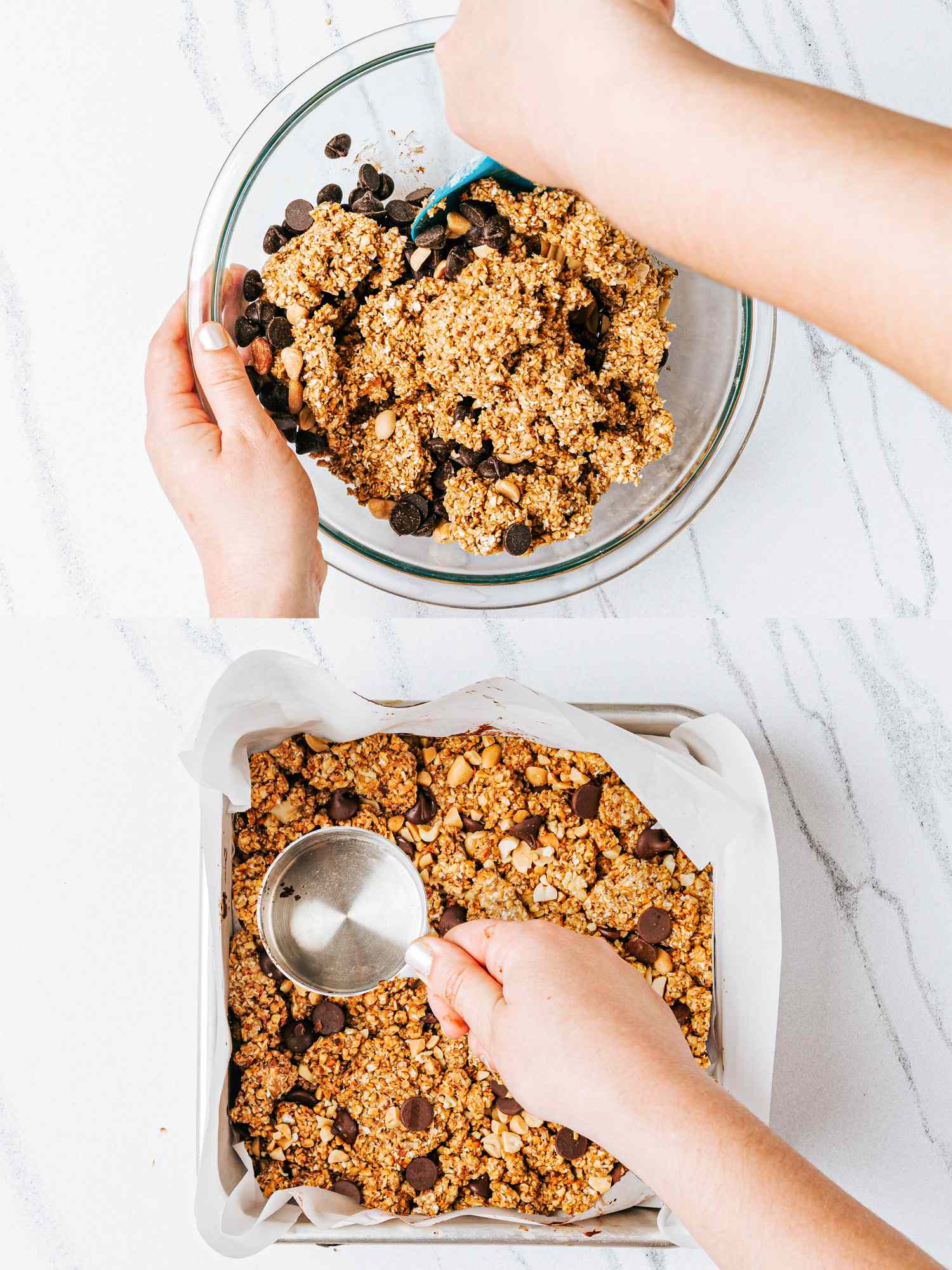 Steps of making oat bars mixing ingredients in a bowl and pressing them into a lined pan