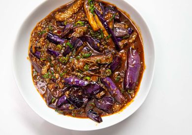 An overhead shot of Sichuan fish-fragrant braised eggplants.
