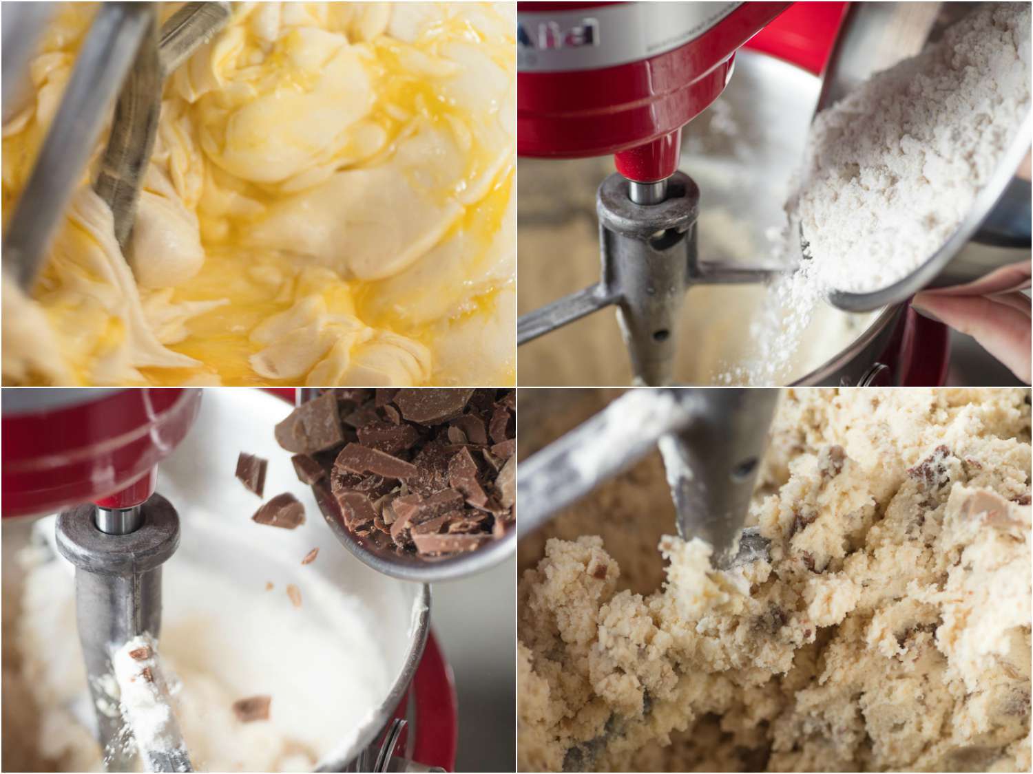 A collage: creaming cocoa butter and sugar, adding flour to the mixture, adding chocolate and mixing the dough until combined. 