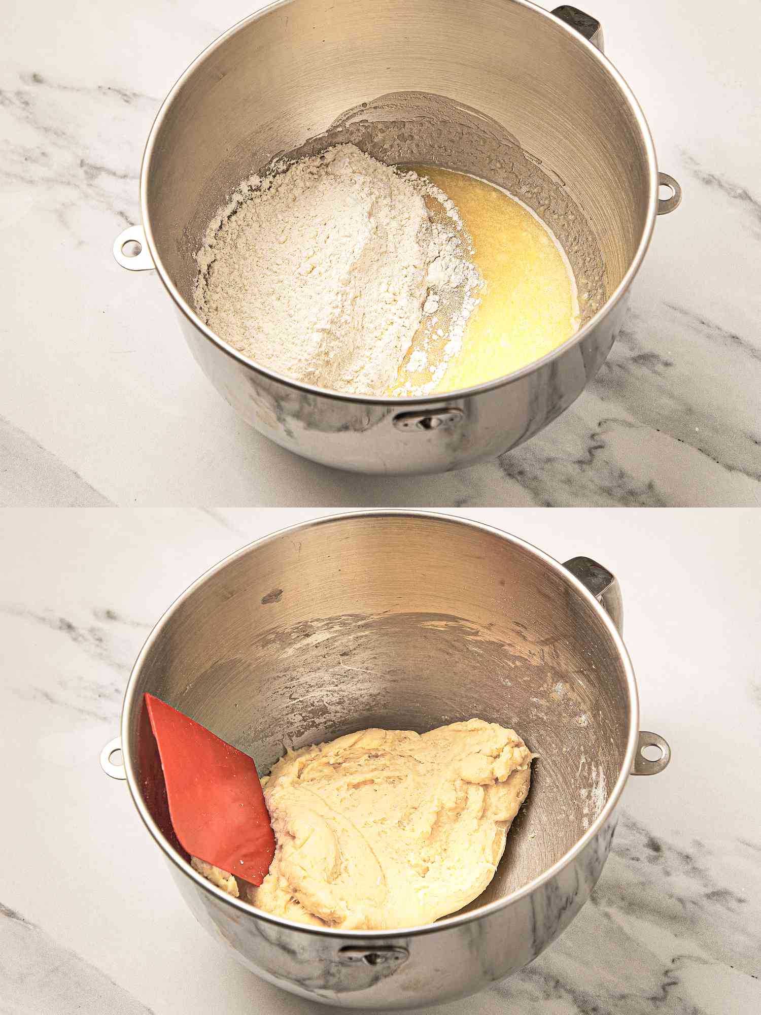 Two image collage of ingedients in mixer bowl and dough formed