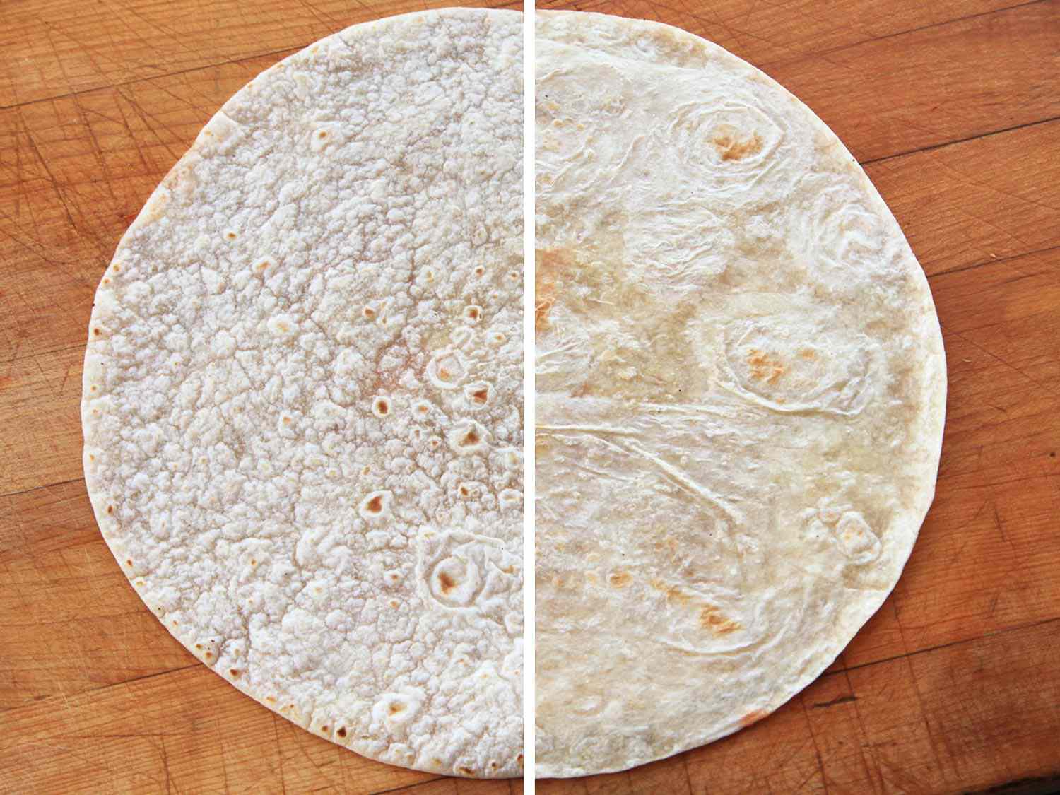 A split image of a flour tortilla. The left portion has the side with small bubbles facing up. The other portion of the image has the side with large bubbles facing up.