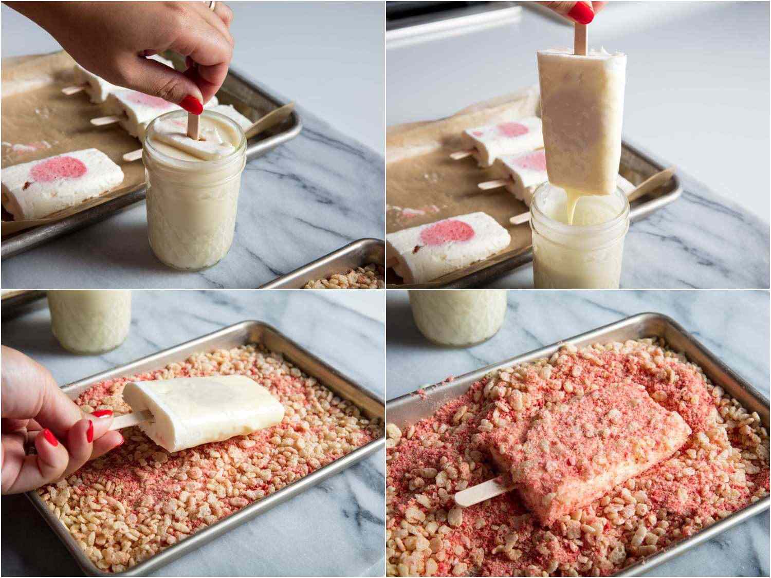 A four-image collage. The top left image shows dipping an ice cream bar into the coating in a jar. The top right image shows lifting the bar up from the jar. The bottom left image shows coating the dipped bar in the crumb coating on a sheet pan. The bottom right image shows the ice cream bar fully coated in the crumb in the sheet pan. 