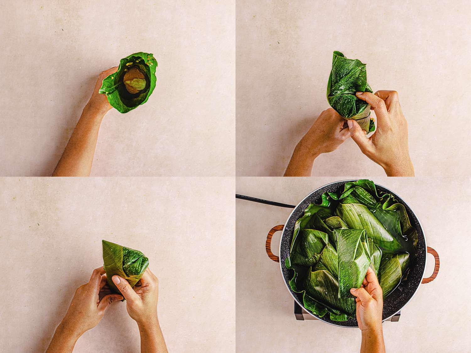 Four image collage of folding moin moin leaves closed over the mixture and placing into steamer pot