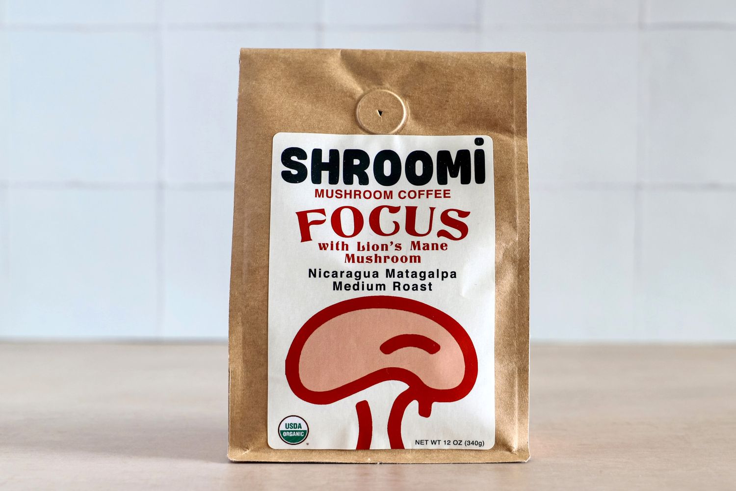 A package of Shroomi Mushroom Coffee with Lion's Mane Mushroom, labeled as medium roast from Nicaragua Matagalpa