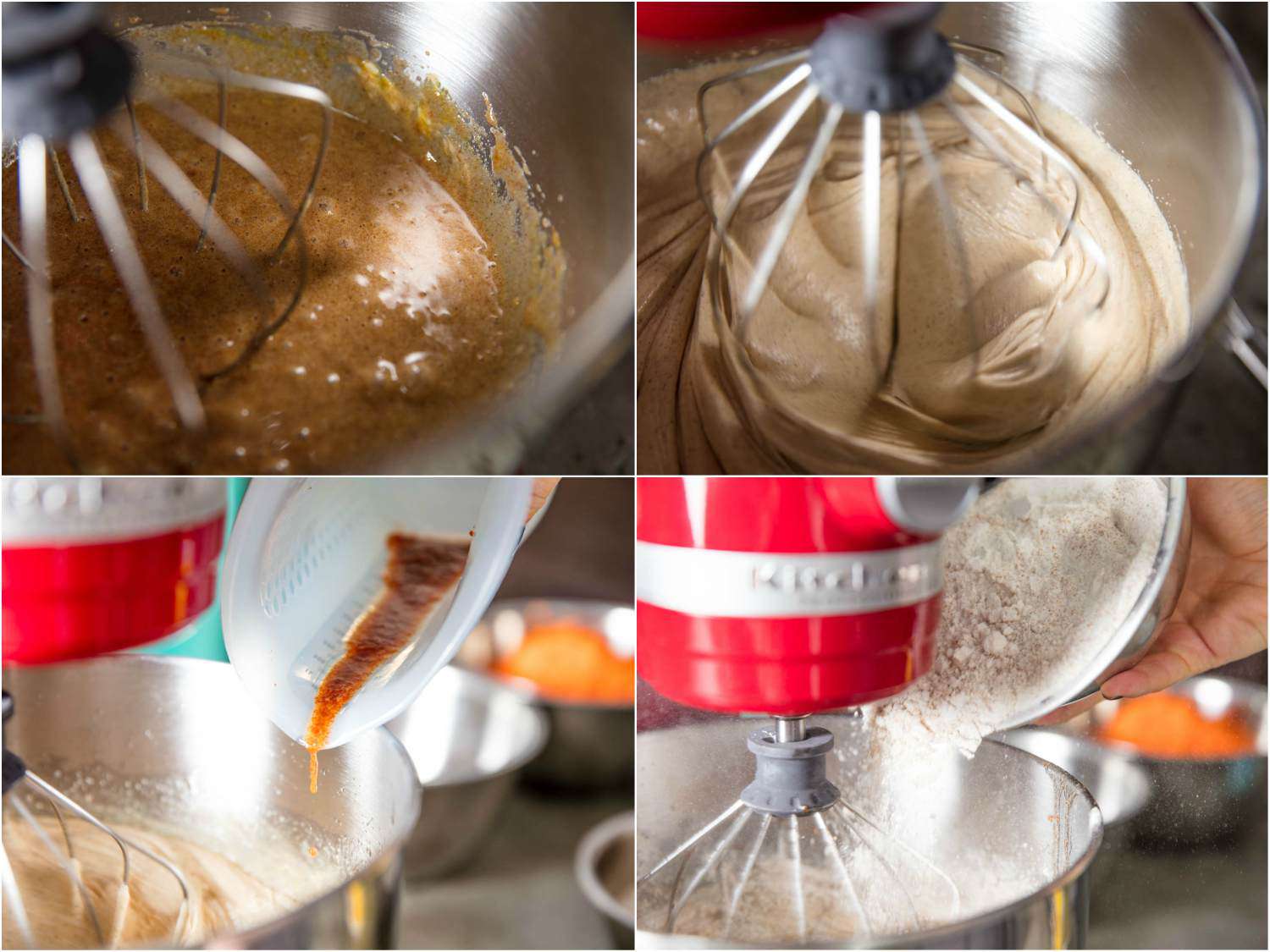 Collage of photos of making carrot cake batter: combining sugars, vanilla, eggs, and and spices in the bowl of a stand mixer; adding brown butter; adding flours.