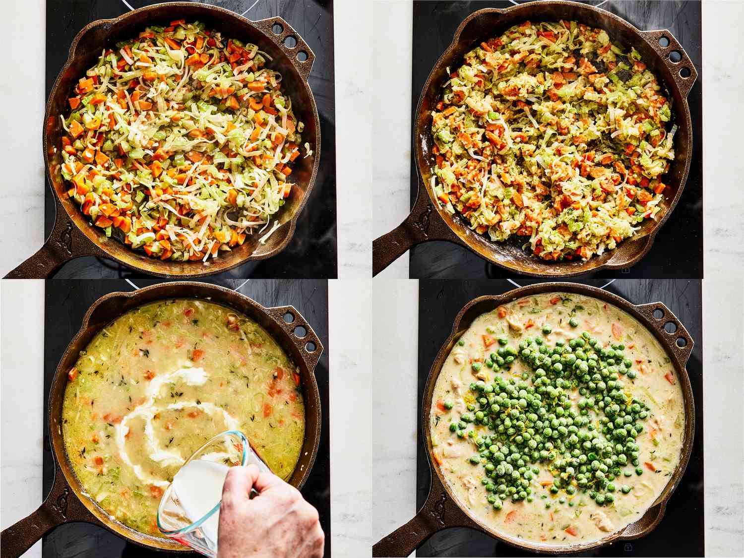 4 Image Collage: Top Left: Vegetables cooking in a skillet. Top Right: Vegetables in skillet, after cooking. Bottom Left: Broth and cream added into skillet of cooked vegetables Bottom Right: Peas added into pot pie mixture 