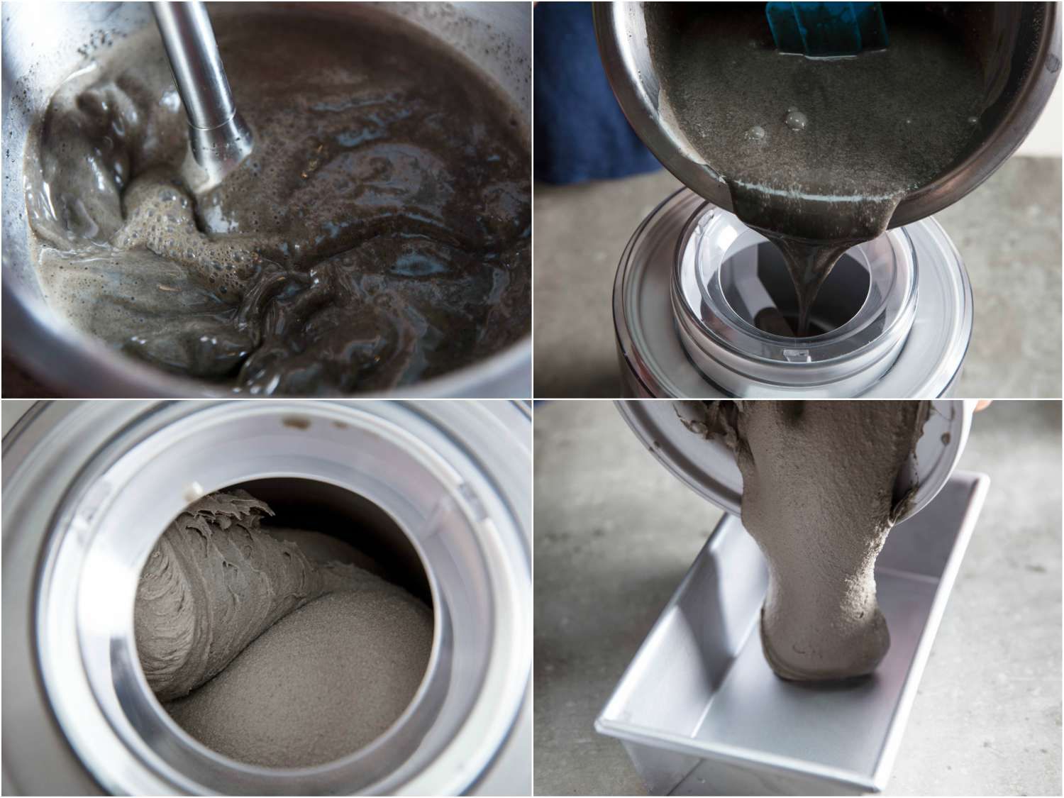 A four-image collage: blending black sesame custard base, pouring the base into ice cream maker, churning ice cream and transferring the mixture to a loaf pan. 