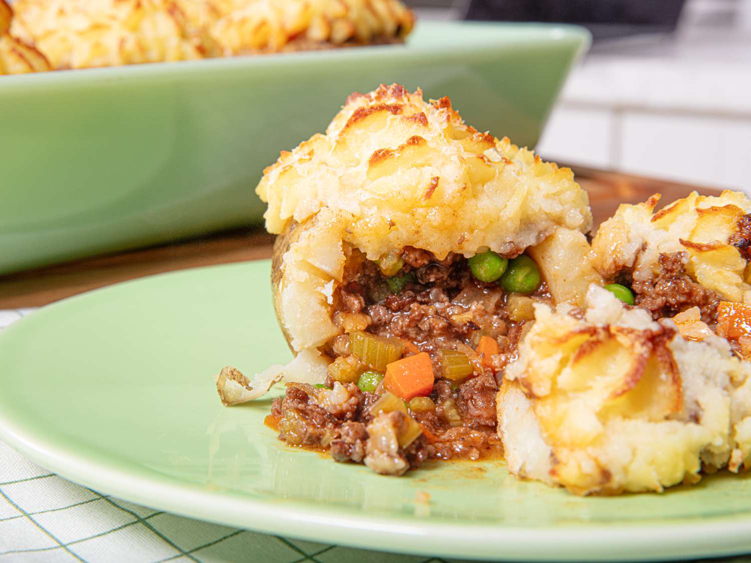 Side view of shepherds pie baked potato