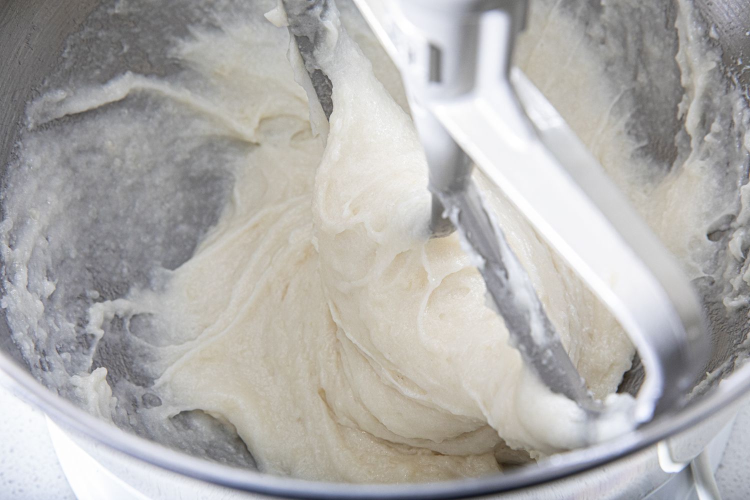 View inside of stand mixing bowl with rice dough
