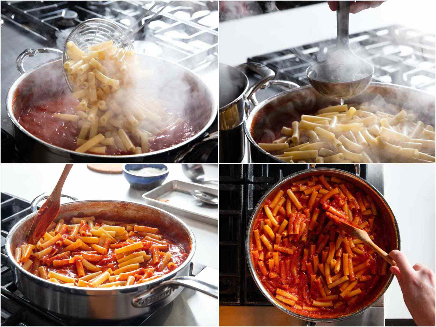 Collage of ziti being added to pot of simmering 'nduja tomato sauce and stirred to coat sauce. 
