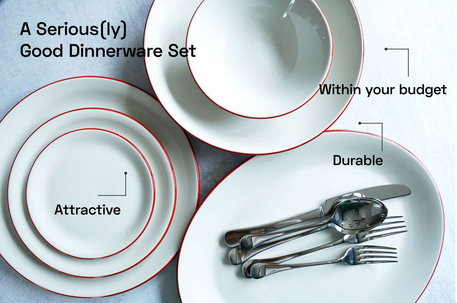 A dinnerware set with text points around it on a grey surface