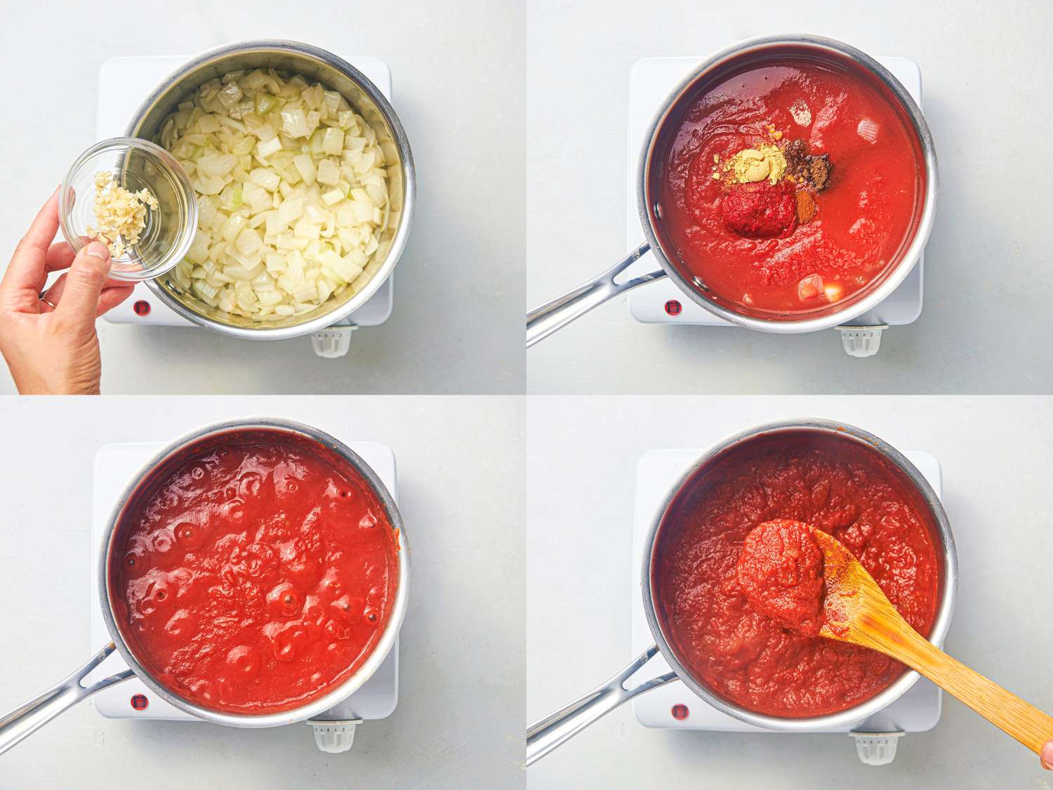 Four image collage of cooking onions, adding spices, and ketchup boiling