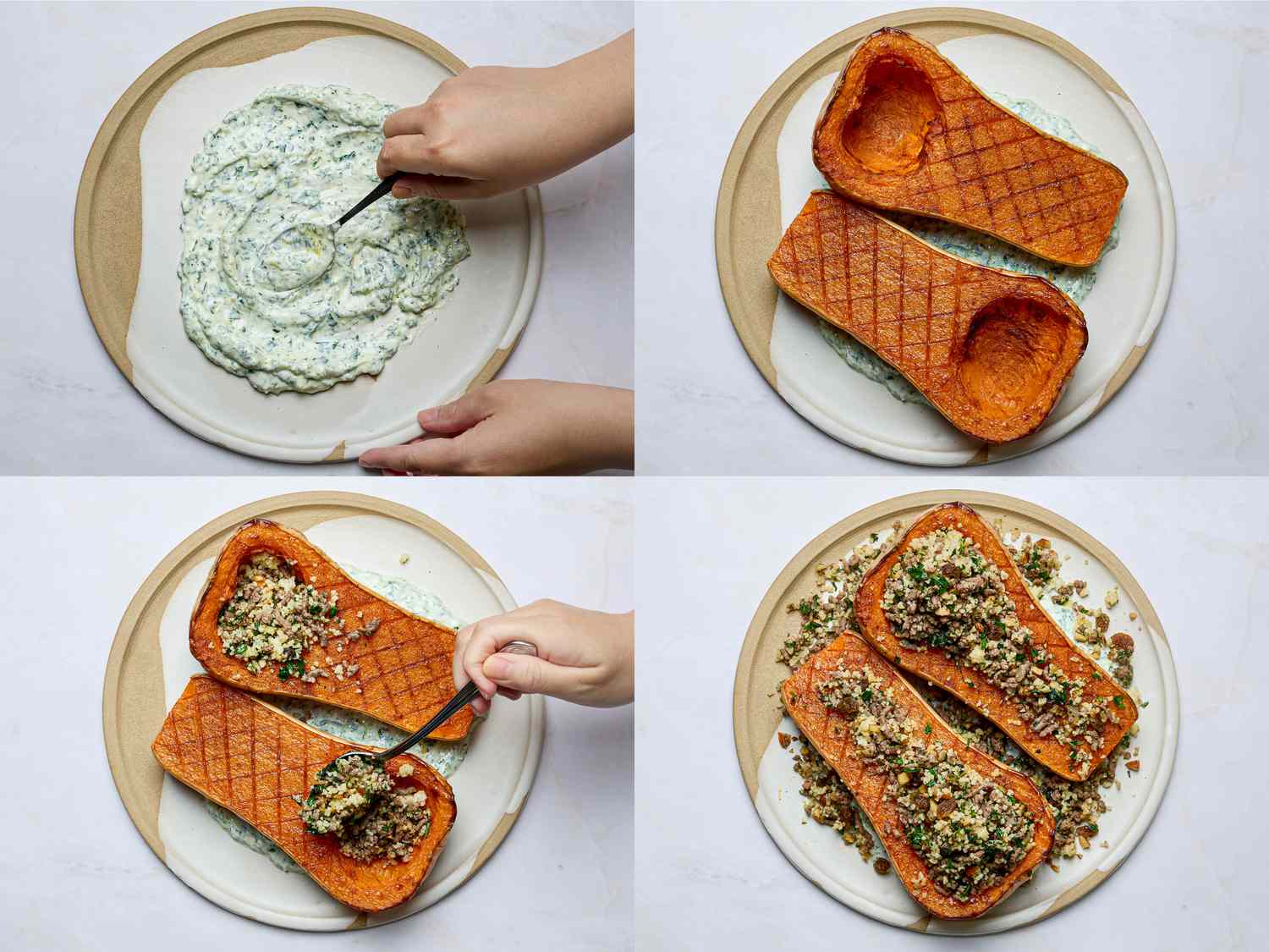 Preparation steps for stuffed squash with kefta couscous filling shown in a series of four images