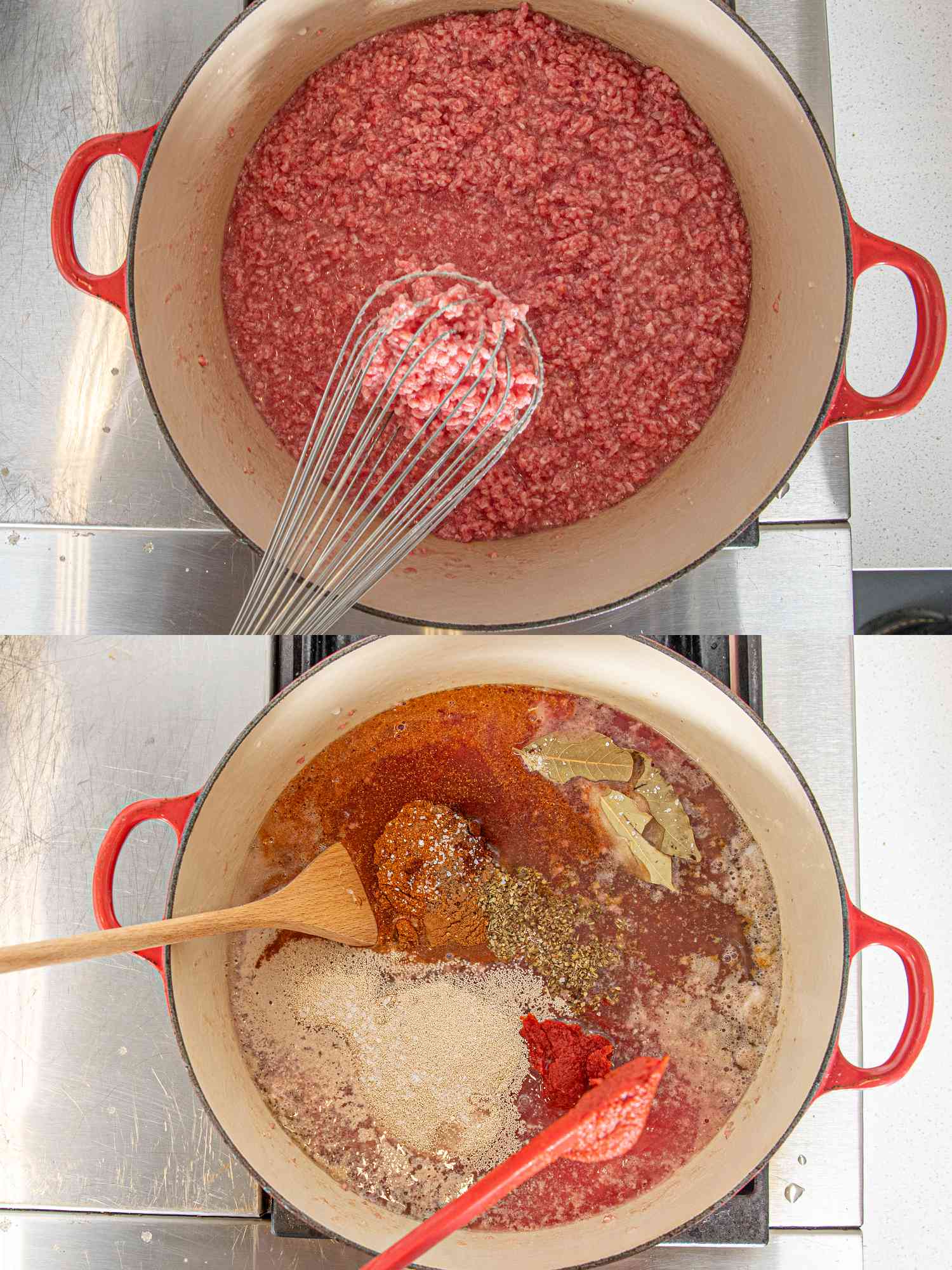 Overhead view of mashing meat in dutch oven and adding spices