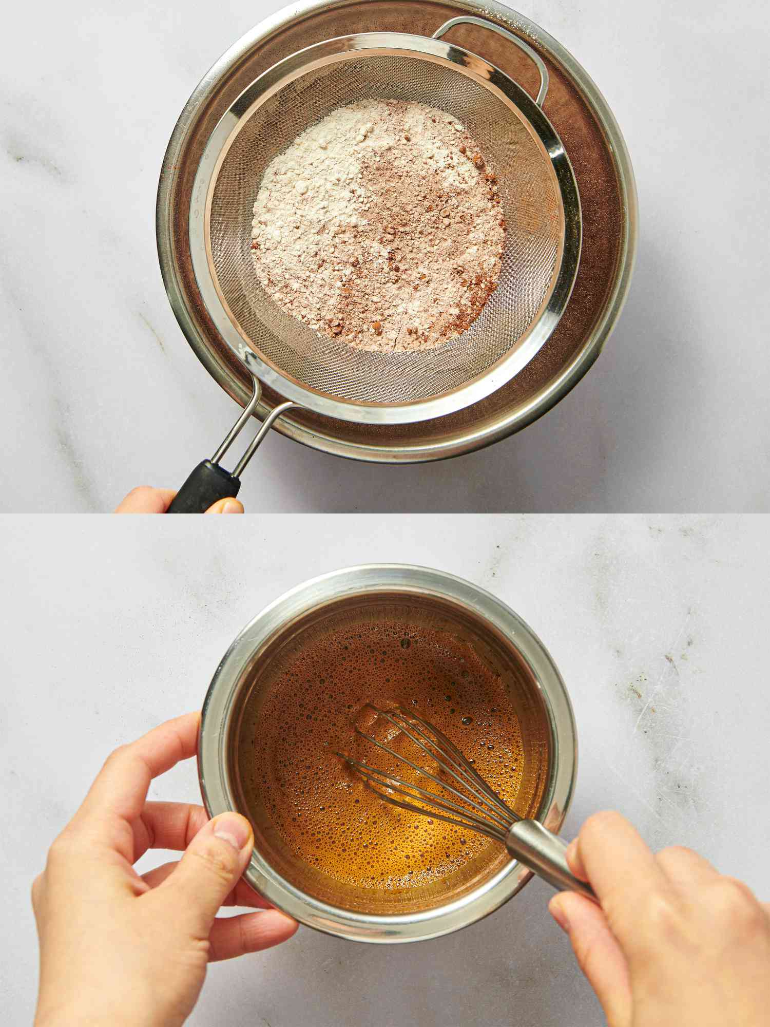 Two image collage of sifting dry ingredients and whisking wet