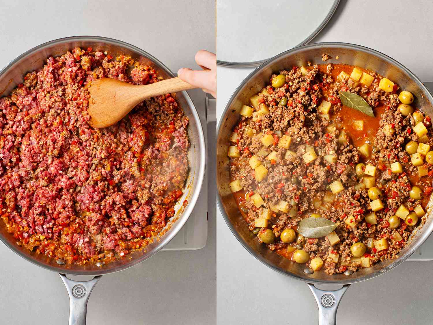 A two-image collage showing meat and potatoes being added to the pan of cooked ingredients.